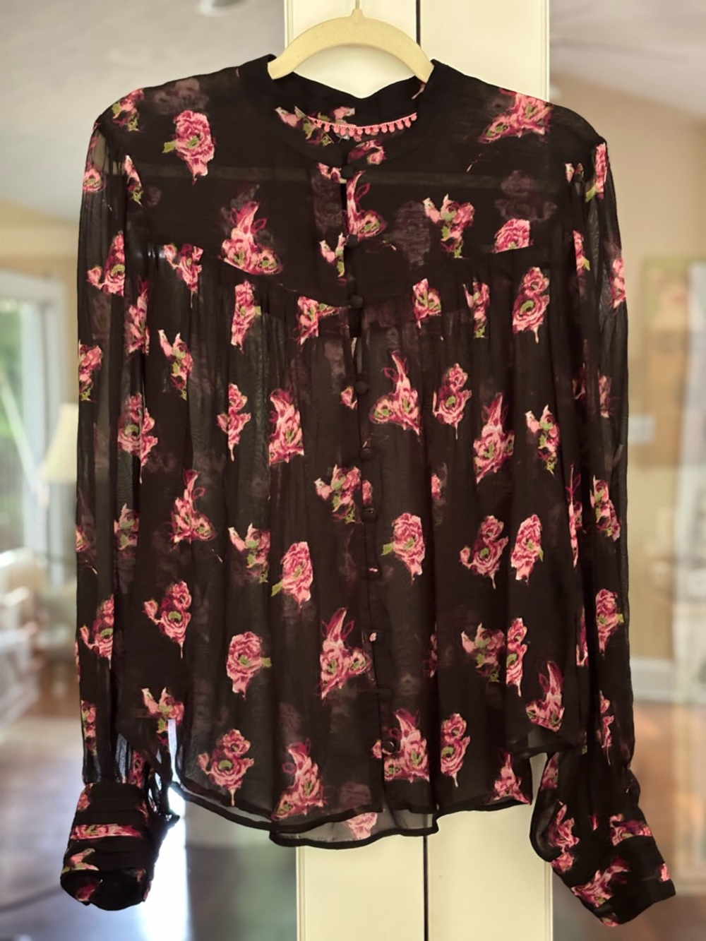 Black Sheer Blouse, Pink Rose Print